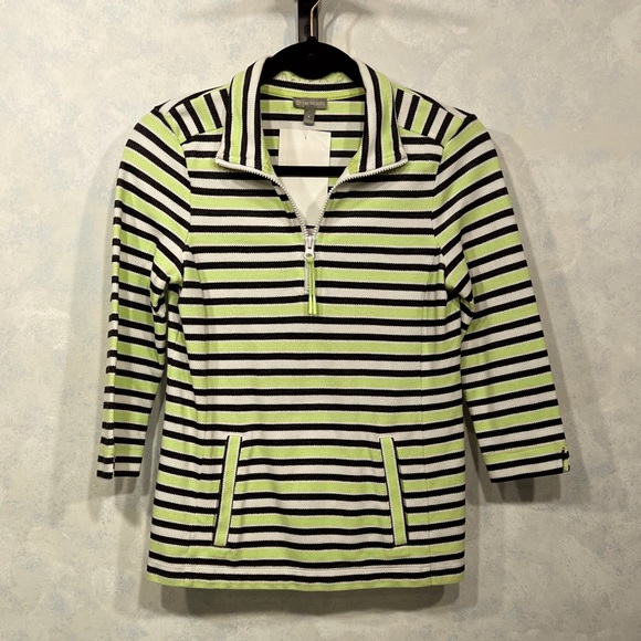 T by Talbots, Lime,Black and White Striped Jacket, Quarter Zip, Size - O Petite